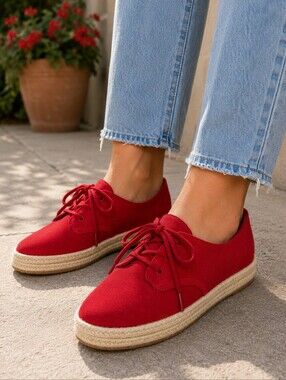 Clarks Red Suede Espadrille Oxford Lace Up Shoes 10W NIB